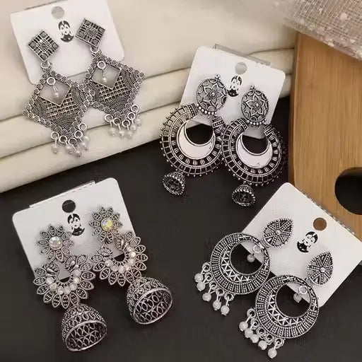 Combo of 4 Pair Oxidised Silver Jhumki & Hoop Earrings – Women/Girls
